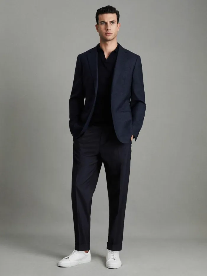 REISS Pants Men Relaxed Drawstring Trousers With TurnUps Navy