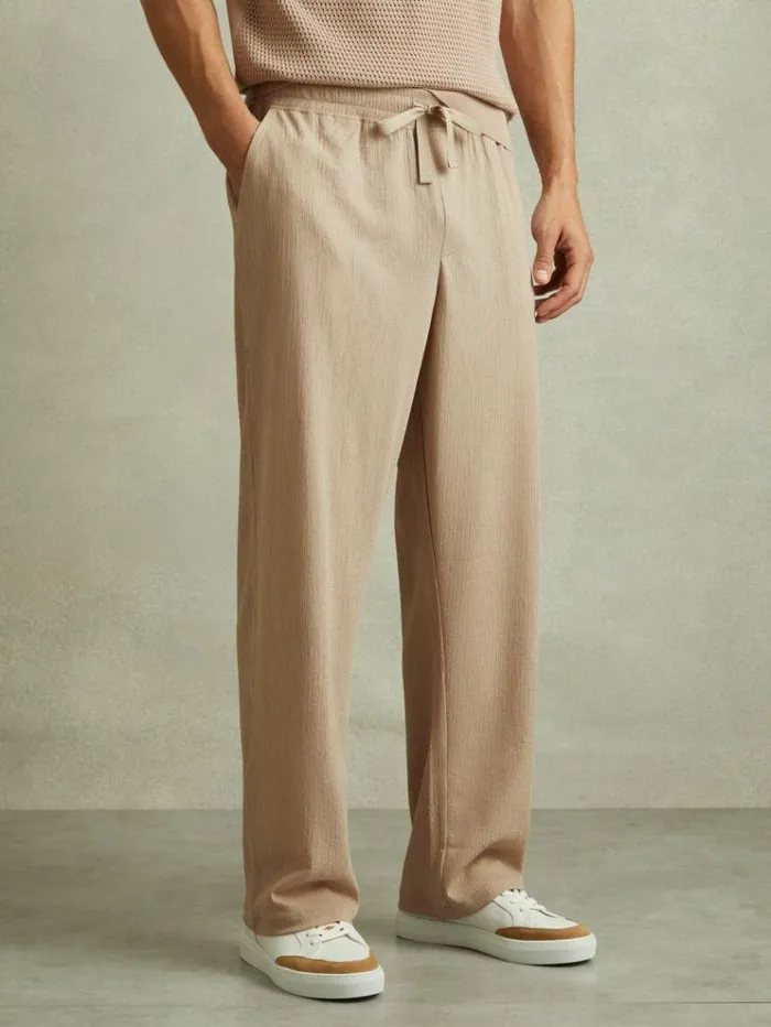REISS Pants Men Textured Crepe Drawstring Trousers Oatmeal