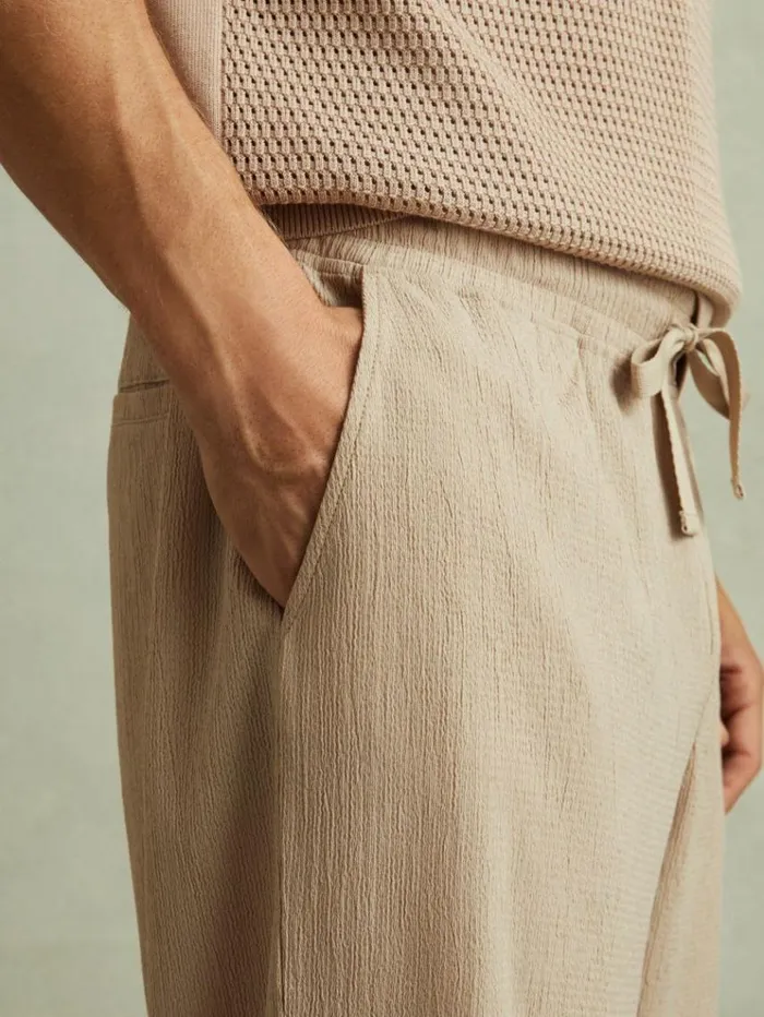 REISS Pants Men Textured Crepe Drawstring Trousers Oatmeal