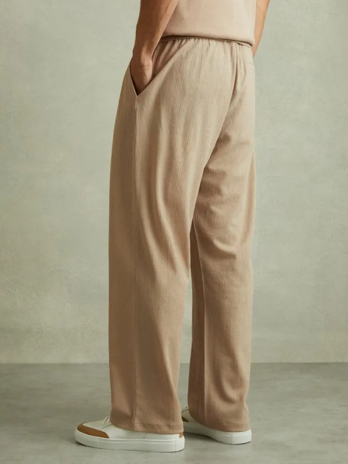 REISS Pants Men Textured Crepe Drawstring Trousers Oatmeal