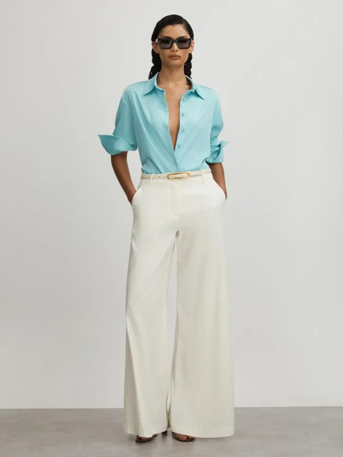 REISS Pants Women Anna Quan Wide Leg Linen Blend Trousers Ivory