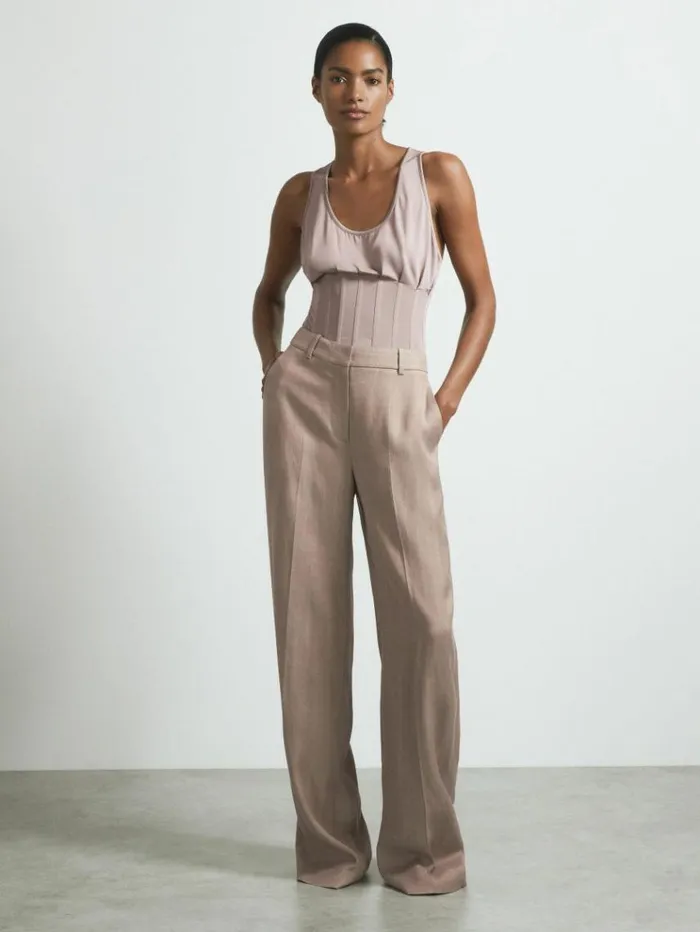 REISS Pants Women Atelier Tailored Wide Leg Suit Trousers With Linen Pink
