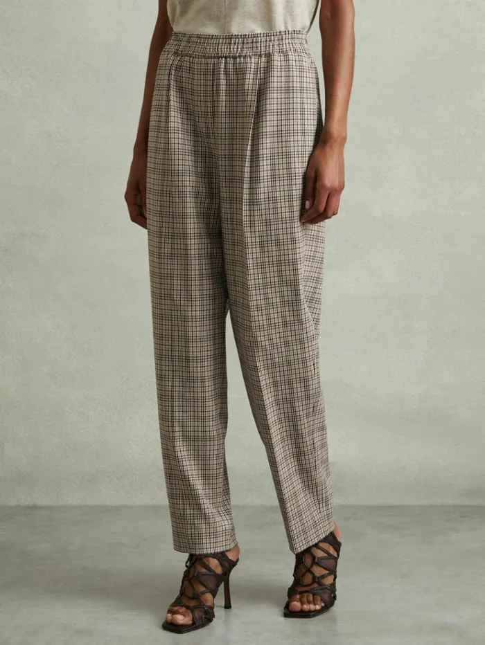 REISS Pants Women Check Elasticated Waist Tapered Trousers Neutral Check