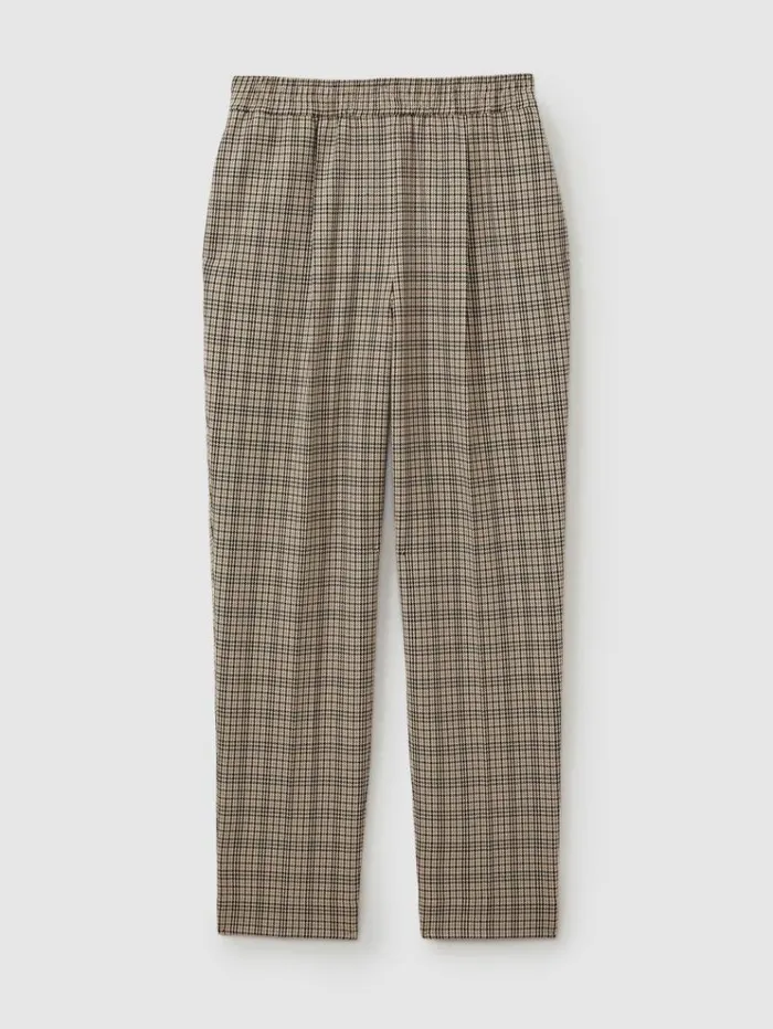 REISS Pants Women Check Elasticated Waist Tapered Trousers Neutral Check