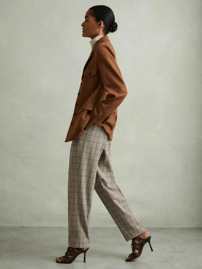 REISS Pants Women Check Elasticated Waist Tapered Trousers Neutral Check