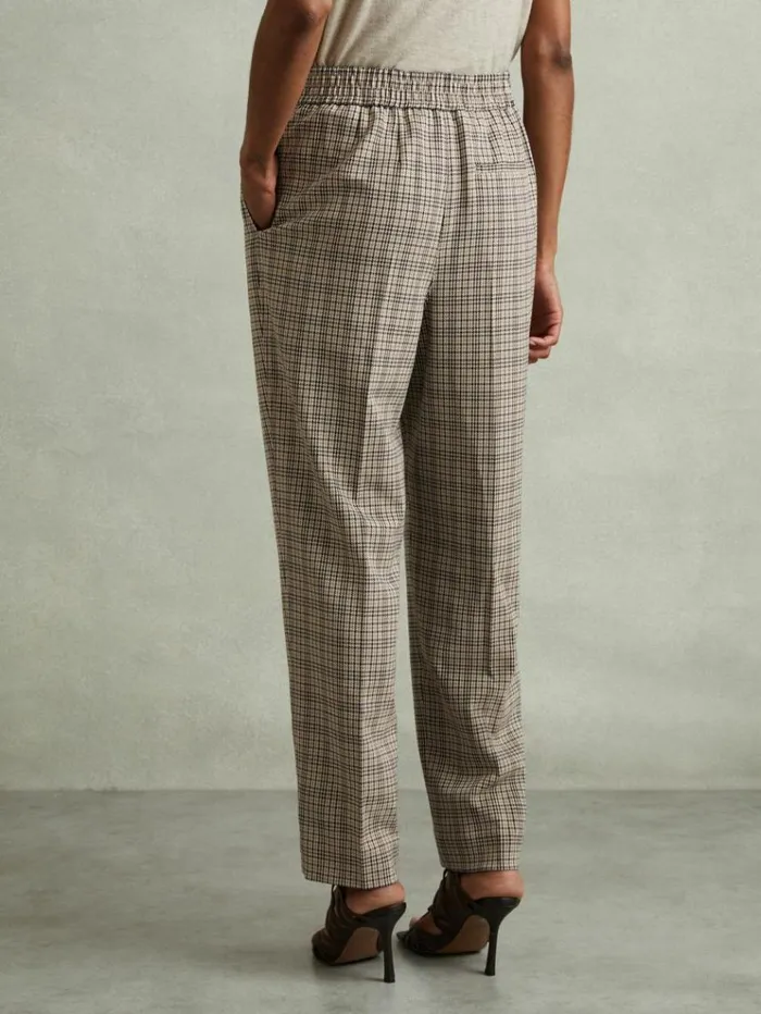 REISS Pants Women Check Elasticated Waist Tapered Trousers Neutral Check