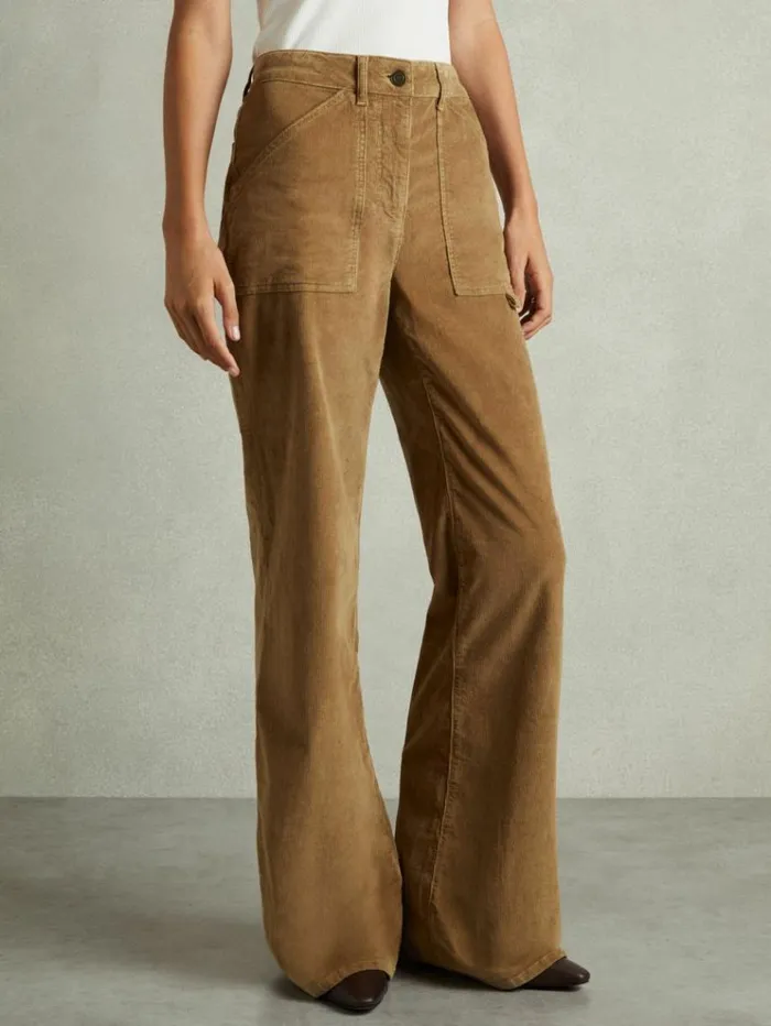 REISS Pants Women CottonBlend Corduroy Flared Trousers Brown