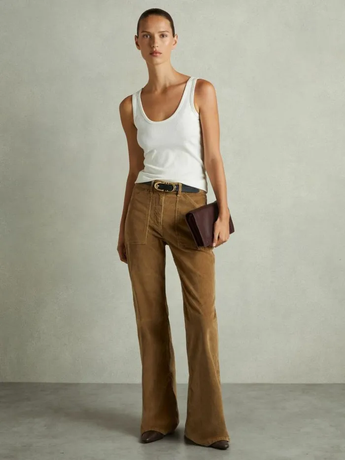 REISS Pants Women CottonBlend Corduroy Flared Trousers Brown