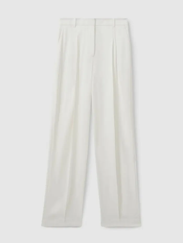 REISS Pants Women Double Pleat Wide Leg Tux Trousers Cream