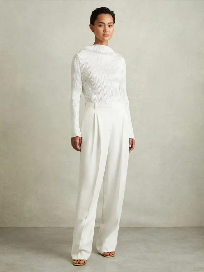 REISS Pants Women Double Pleat Wide Leg Tux Trousers Cream