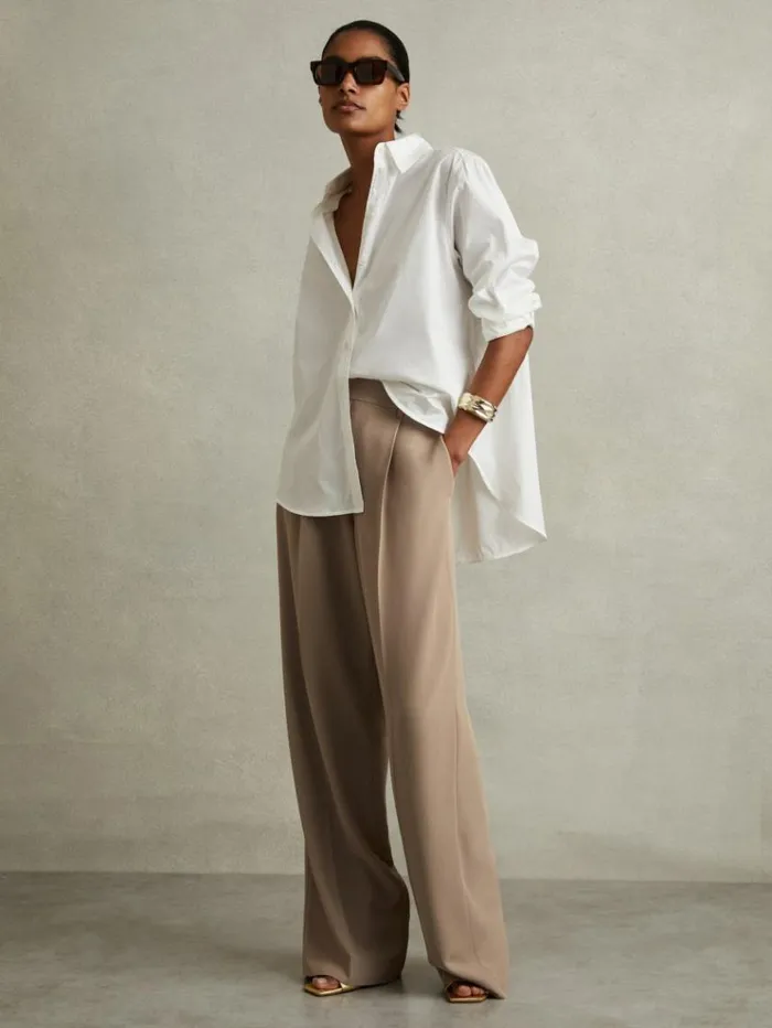 REISS Pants Women HalfElasticated Wide Leg Trousers Mink Neutral