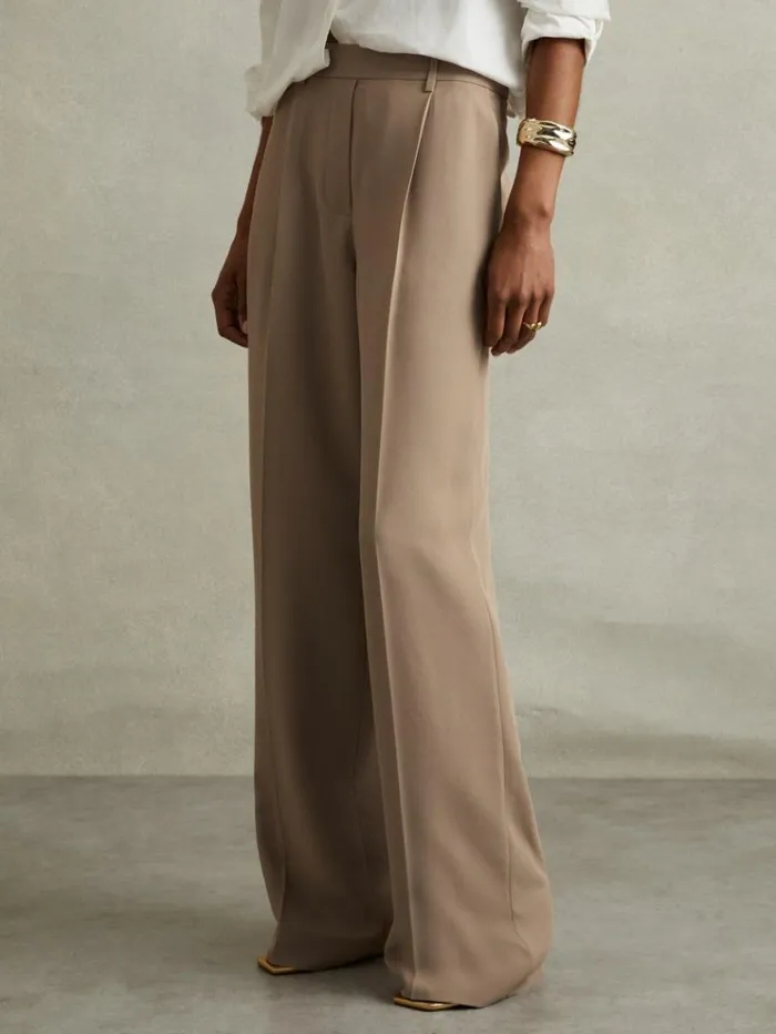 REISS Pants Women HalfElasticated Wide Leg Trousers Mink Neutral