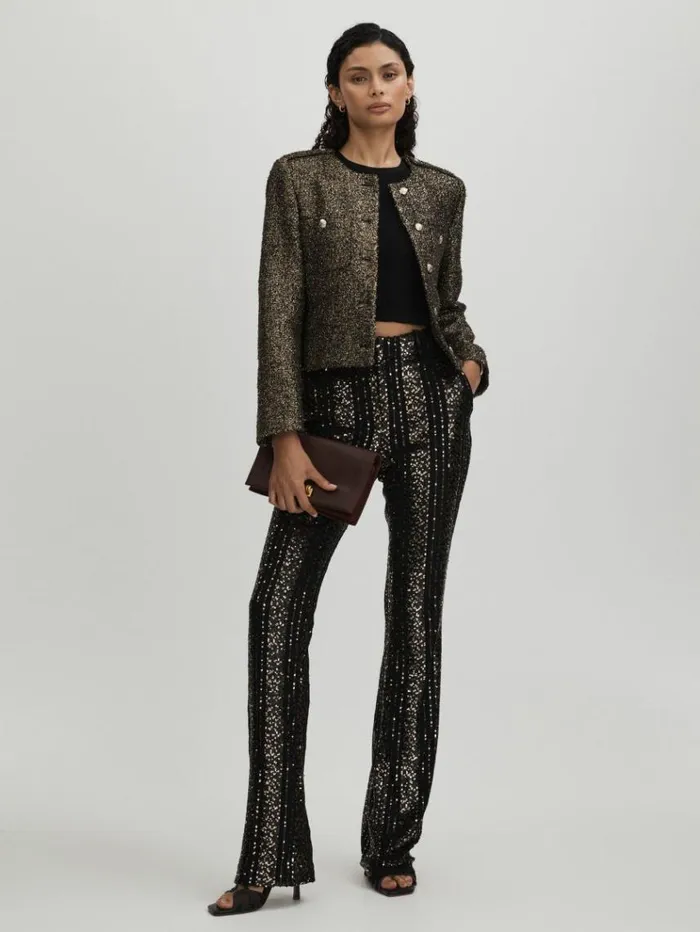 REISS Pants Women Halston Striped Sequin Trousers Black