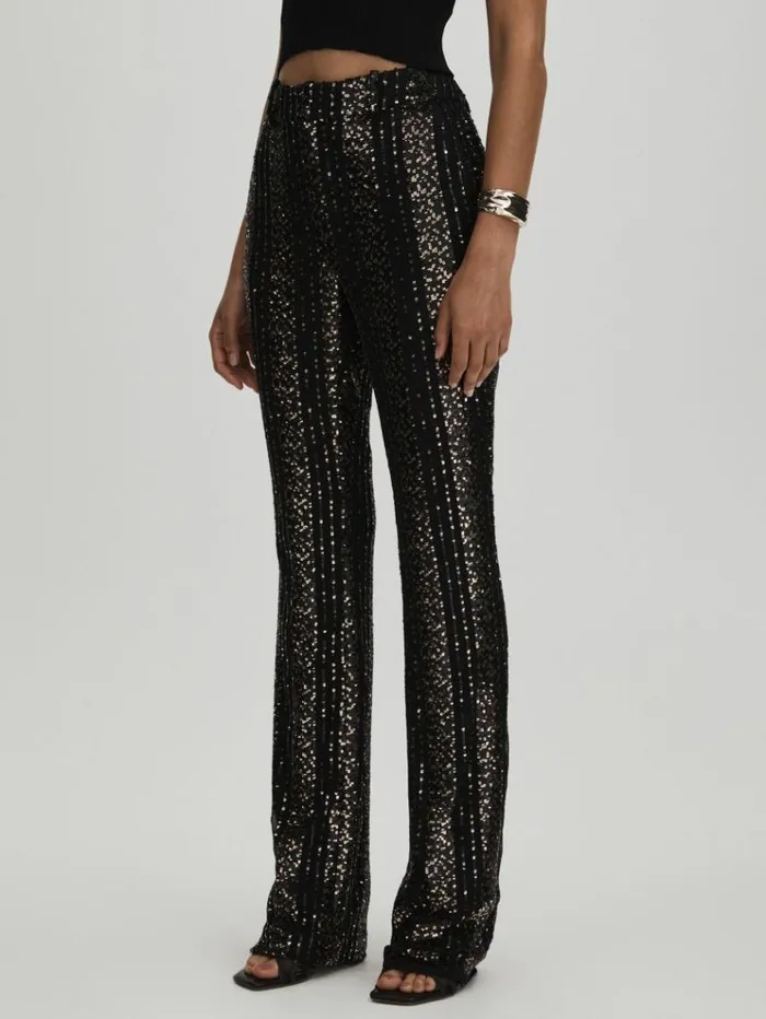 REISS Pants Women Halston Striped Sequin Trousers Black