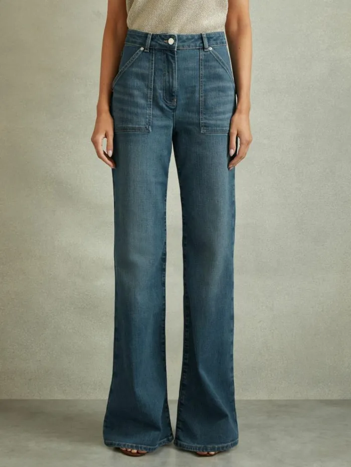 REISS Pants Women Mid Rise Flared Utility Jeans Mid Blue