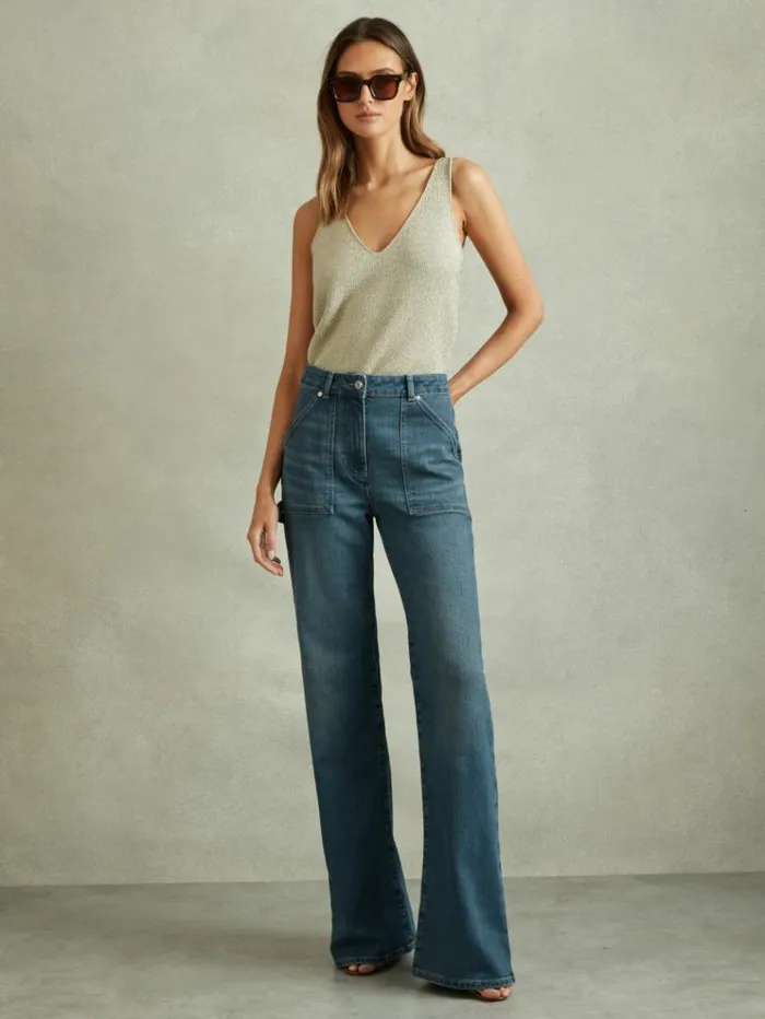 REISS Pants Women Mid Rise Flared Utility Jeans Mid Blue