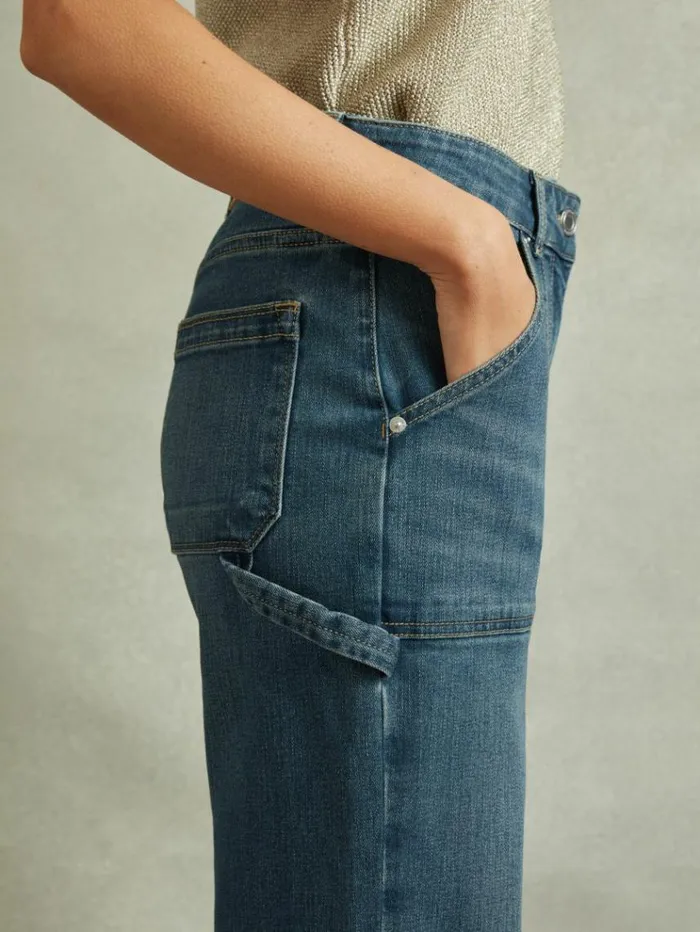 REISS Pants Women Mid Rise Flared Utility Jeans Mid Blue