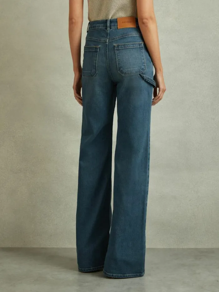 REISS Pants Women Mid Rise Flared Utility Jeans Mid Blue