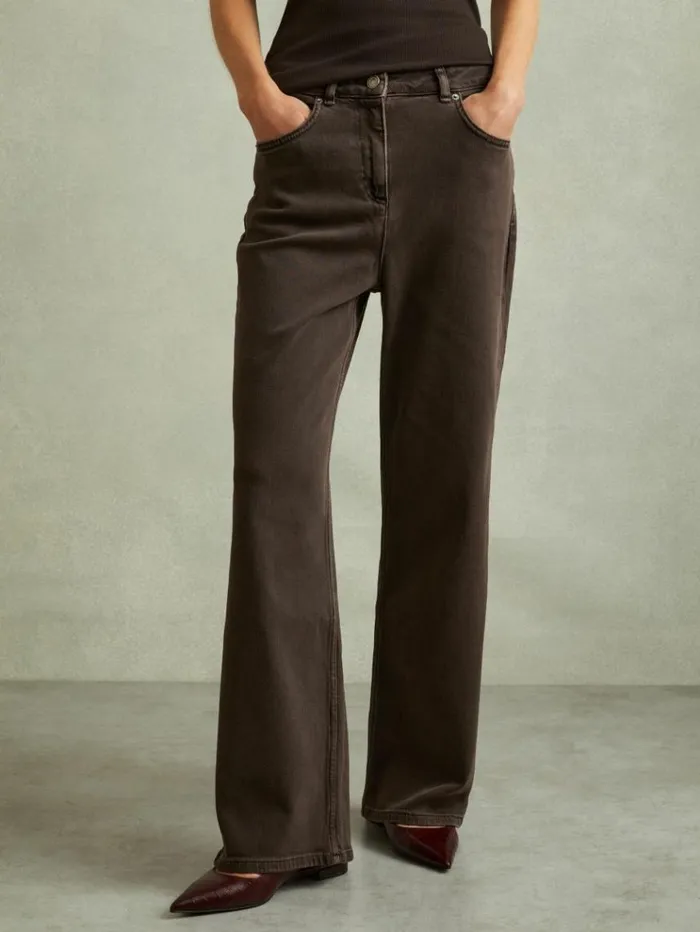 REISS Pants Women Relaxed Garment Dyed Wide Leg Jeans Chocolate