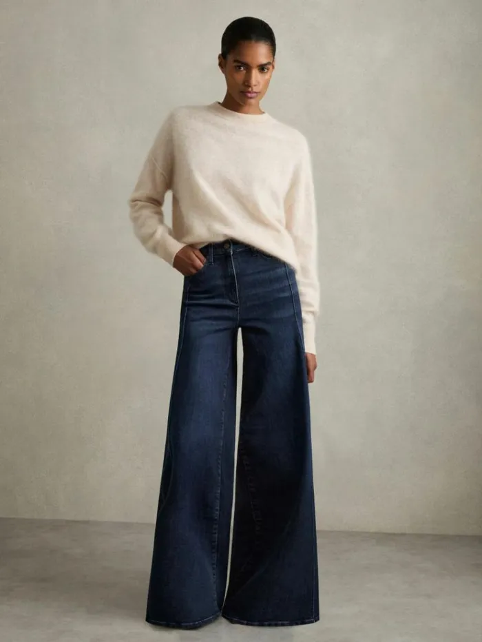 REISS Pants Women Stretch Cotton Wide Leg Jeans Dark Blue
