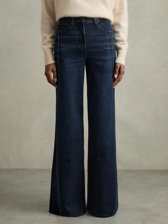 REISS Pants Women Stretch Cotton Wide Leg Jeans Dark Blue