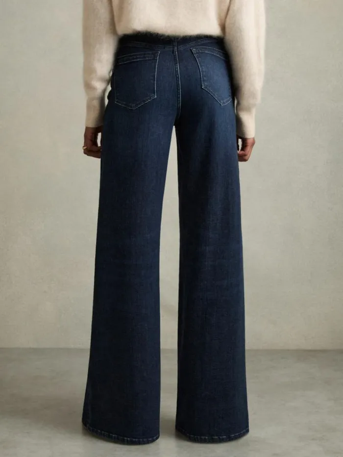 REISS Pants Women Stretch Cotton Wide Leg Jeans Dark Blue