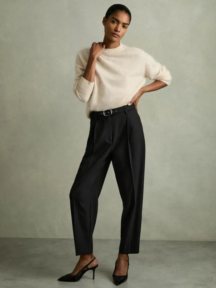 REISS Pants Women Tapered Belted Trousers Black