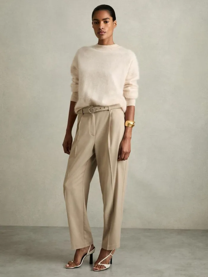 REISS Pants Women Tapered Belted Trousers Neutral