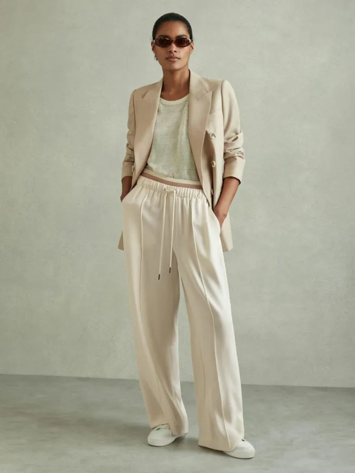 REISS Pants Women Waistband Detail Wide Leg Trousers Cream