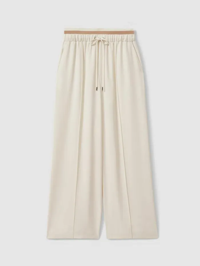 REISS Pants Women Waistband Detail Wide Leg Trousers Cream