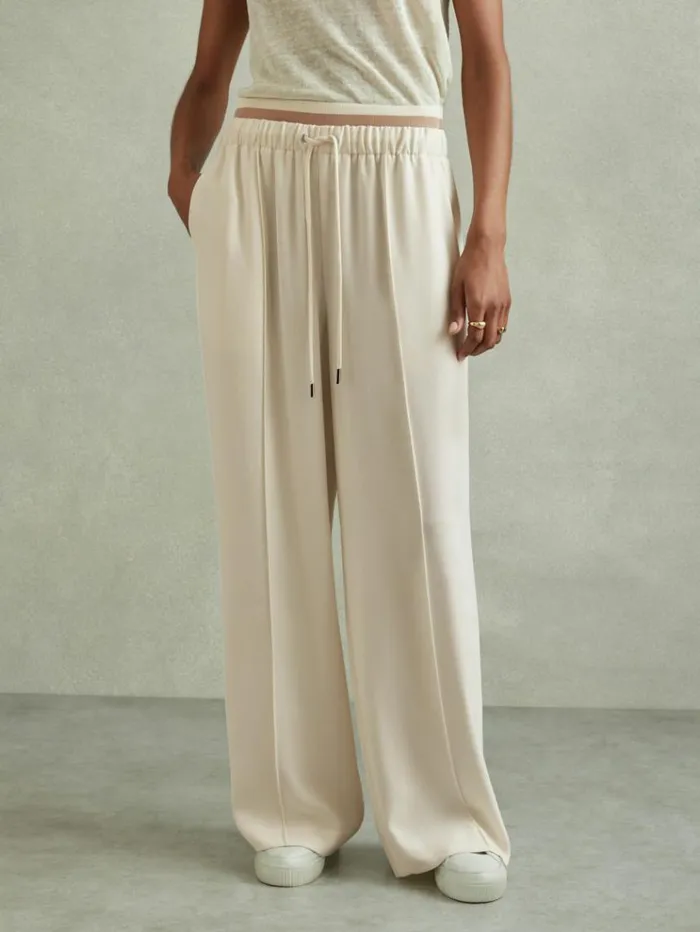 REISS Pants Women Waistband Detail Wide Leg Trousers Cream