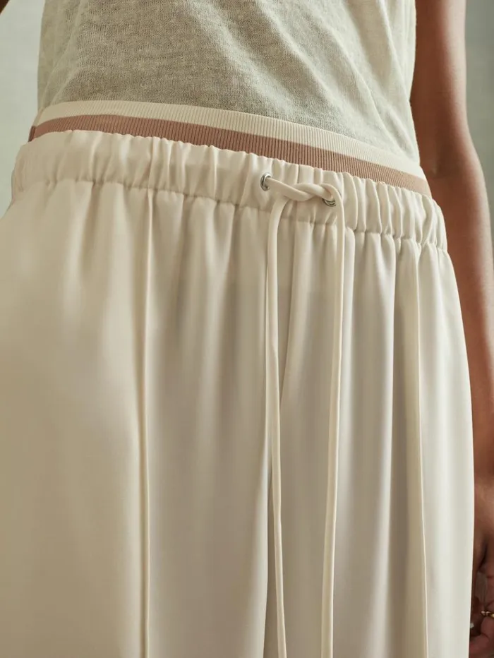 REISS Pants Women Waistband Detail Wide Leg Trousers Cream