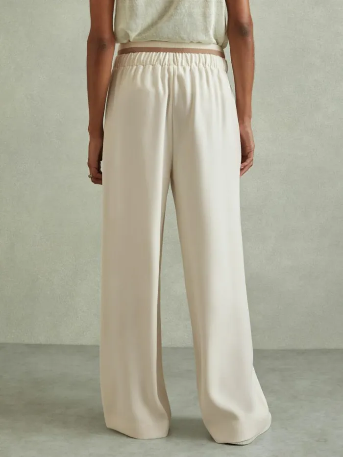 REISS Pants Women Waistband Detail Wide Leg Trousers Cream
