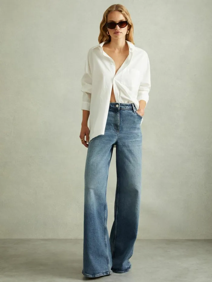 REISS Pants Women Wide Leg Jeans Mid Blue