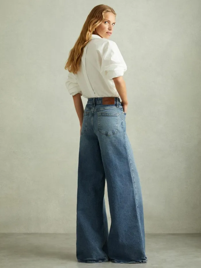 REISS Pants Women Wide Leg Jeans Mid Blue