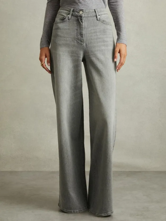 REISS Pants Women Wide Leg Jeans Washed Grey