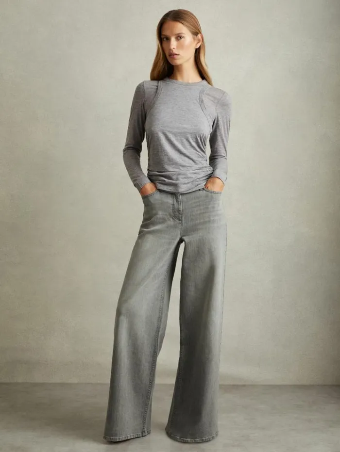REISS Pants Women Wide Leg Jeans Washed Grey