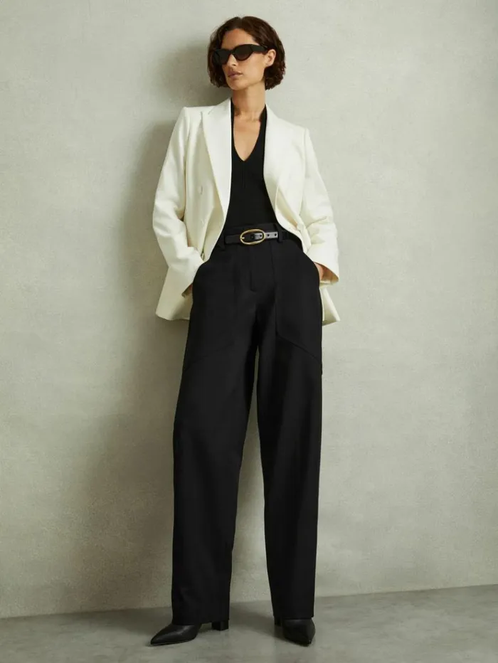 REISS Pants Women Wool Blend Barrel Leg Trousers Black