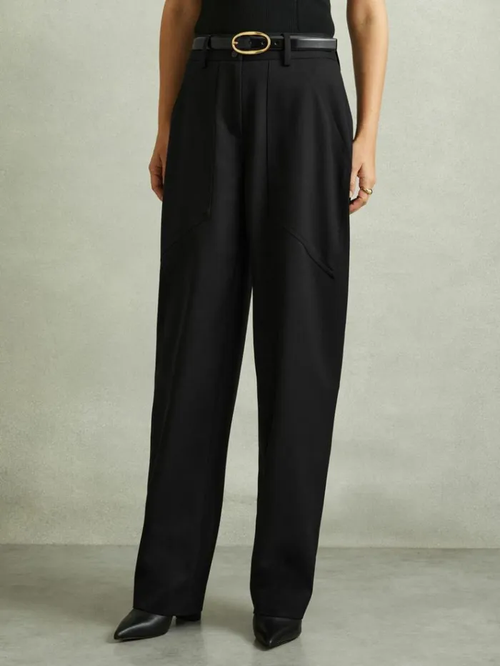 REISS Pants Women Wool Blend Barrel Leg Trousers Black