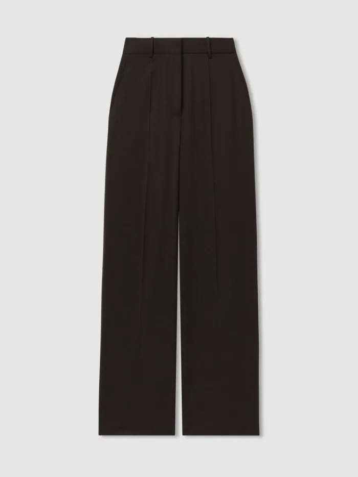 REISS Pants Women Wool Blend Wide Leg Suit Trousers Chocolate
