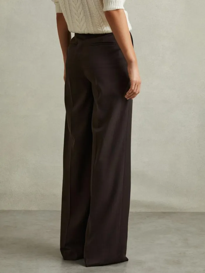 REISS Pants Women Wool Blend Wide Leg Suit Trousers Chocolate