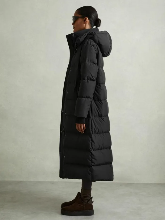REISS Petite Women Longline Hooded Puffer Coat Black
