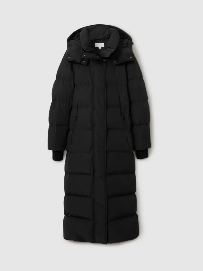REISS Petite Women Longline Hooded Puffer Coat Black