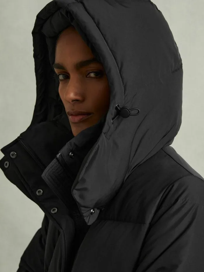 REISS Petite Women Longline Hooded Puffer Coat Black