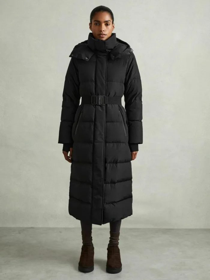 REISS Petite Women Longline Hooded Puffer Coat Black