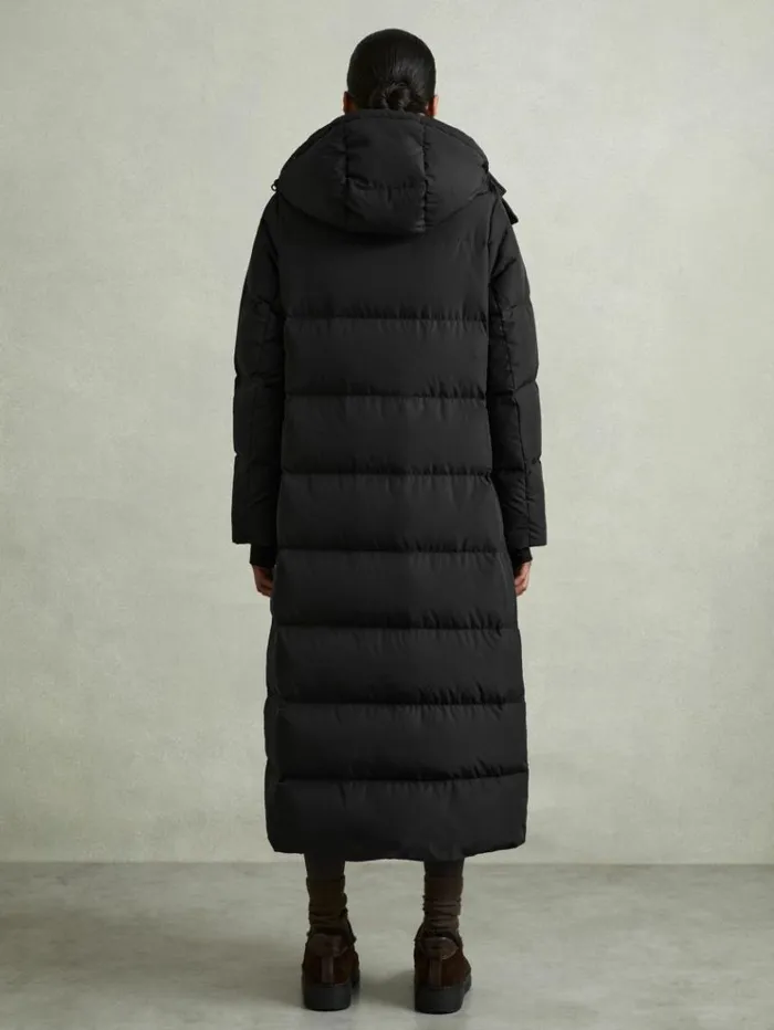REISS Petite Women Longline Hooded Puffer Coat Black