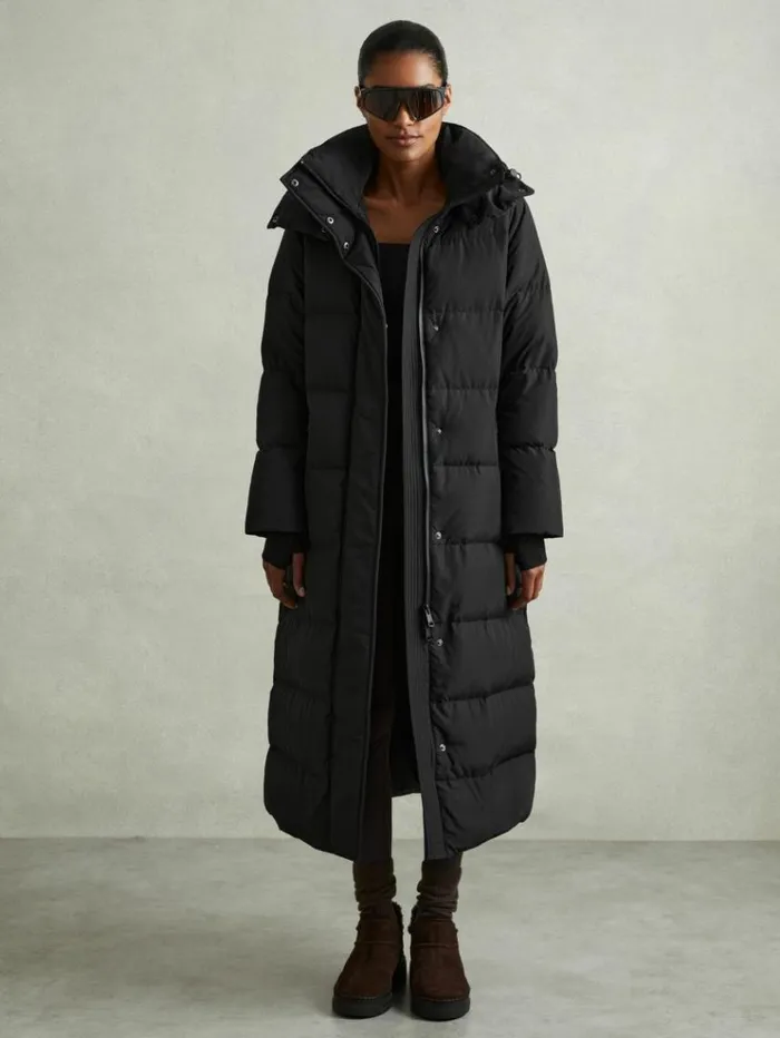 REISS Petite Women Longline Hooded Puffer Coat Black