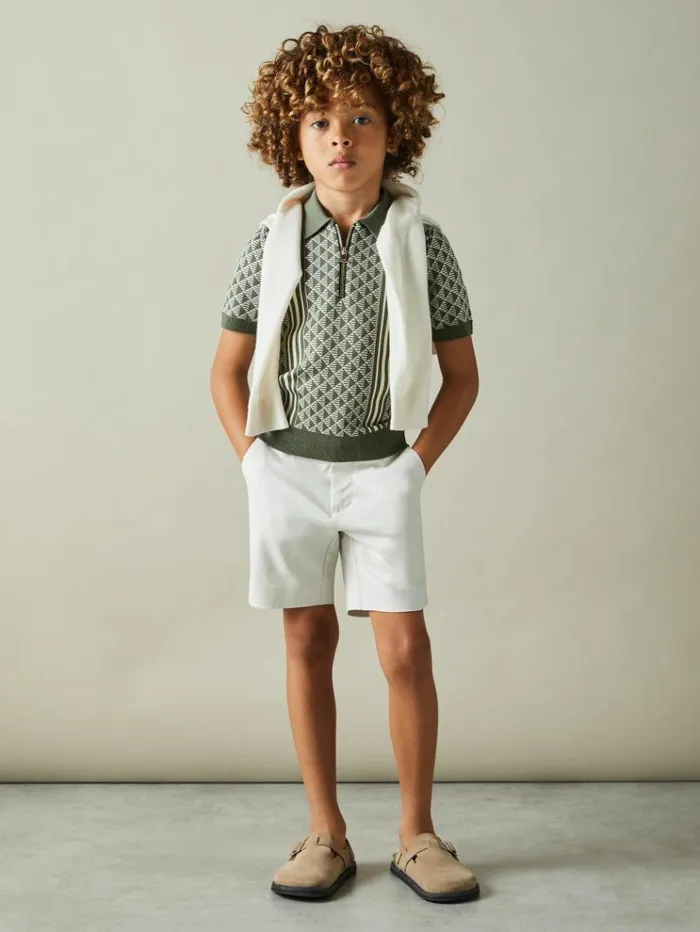 REISS Polo Shirts Children Diamond Stitch HalfZip Polo Shirt Sageoff White