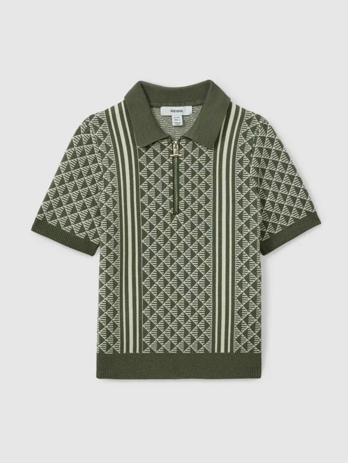 REISS Polo Shirts Children Diamond Stitch HalfZip Polo Shirt Sageoff White