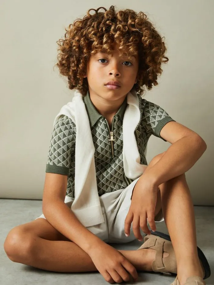 REISS Polo Shirts Children Diamond Stitch HalfZip Polo Shirt Sageoff White